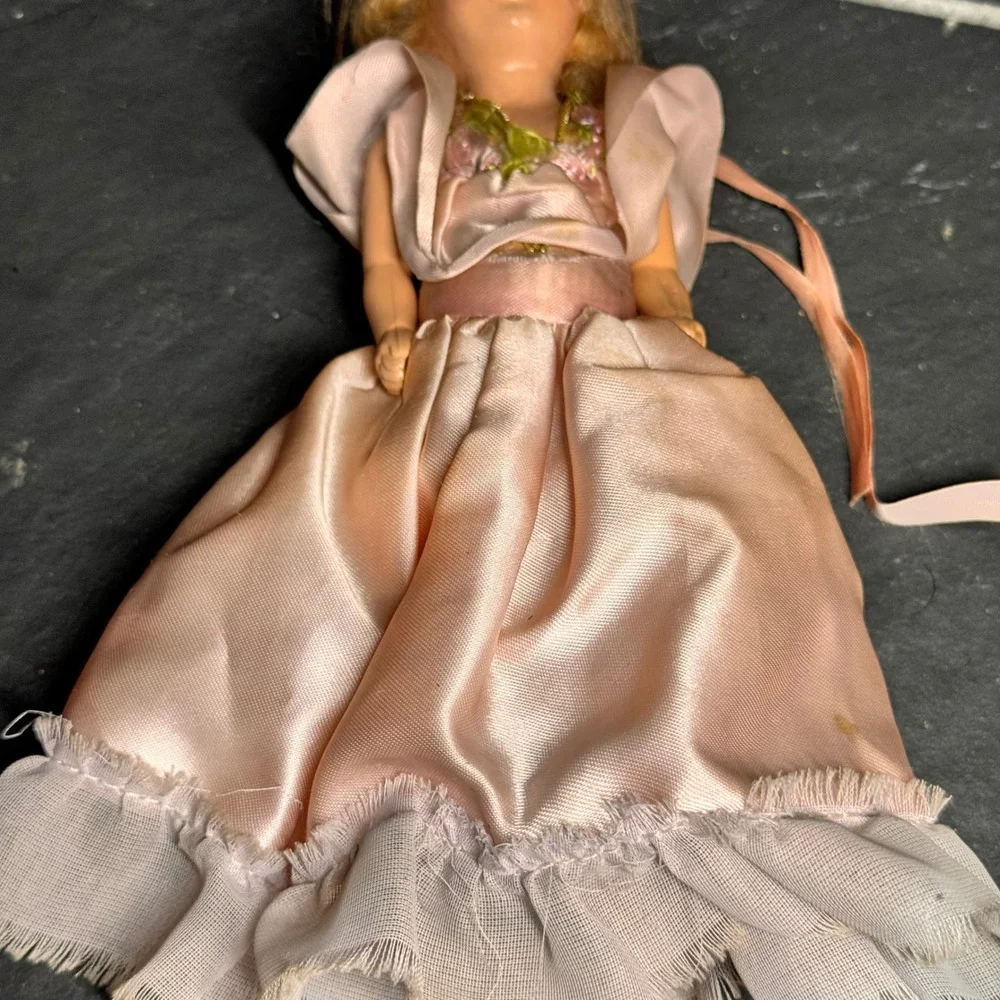 Vintage Composition Doll Pink Satin‎ Gown Floral Embroidery 7.5 Inch Blue Eyes